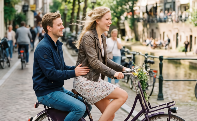 Illustration man and woman on bicycle